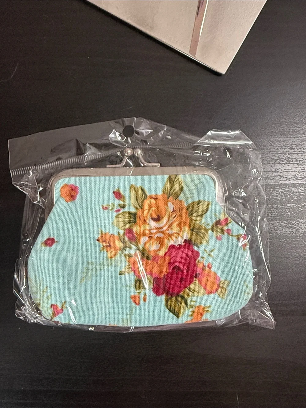 Floral Kiss-Lock Coin Purse - Aqua Floral
